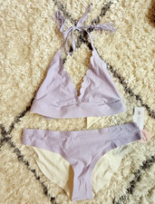 PILYQ Women  s Lavender Wireless Halter Reversible Swim Set Solid Purple Size L