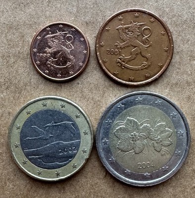 4 COIN LOT FINLAND EURO CENT 5 EURO CENT & BIMETALLIC EURO & 2 EURO 1999-2004 AU