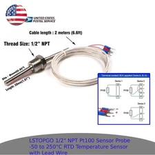 Pt100 RTD Temperature Sensor Probe 1/2" NPT Thread with Wire -50 to 250°C / -58F
