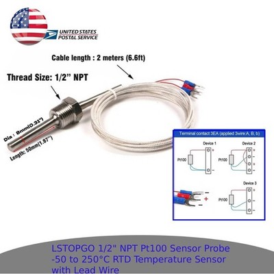 Pt100 RTD Temperature Sensor Probe 1/2'' NPT Thread with Wire -50 to 250°C / -58F