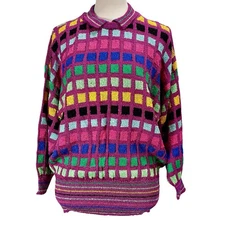 Vintage 80s Brenda French Hand Loomed Knit Collared Sweater Colorful Medium USA