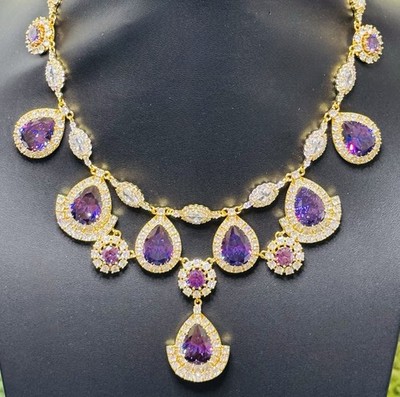 Vintage Ciner Purple Clear Crystal Rhinestone Drop Necklace Signed