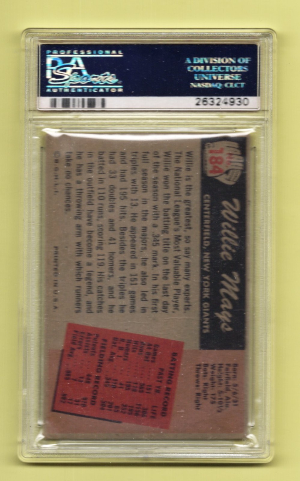 1955 Bowman #184 Willie Mays - New York Giants - HOF - PSA 2 view 2