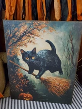 GOTHIC FOLK  ART PRIMITIVE VINTAGE STYLE HALLOWEEN FLYING BROOM WITCH CAT SIGN