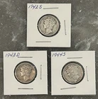 1942 S, 1943 D, 1944 S MERCURY DIMES, CIRCULATED, UNGRADED