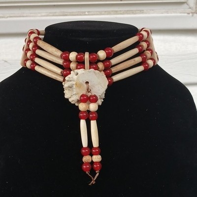 PowWow Regalia Native American Style Buffalo Bone Choker Necklace Leather Laced 