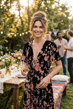 Simplee Velvety Embroidered Floral Maxi Dress XL Plunging Neck Tie waist Boho