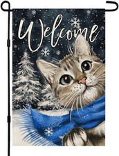 Winter Cat Garden Flag 12X18 Inch Double Sided for outside Small Welcome Burlap