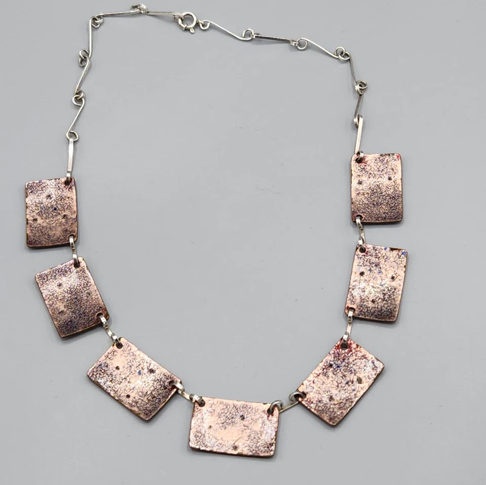 Collar de eslabones de barra panel esmalte rojo modernista plata 800 firmado vintage 16" Foto 2 de 4