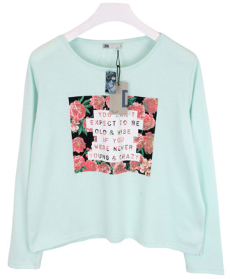 DNN Black Denim Sweatshirt Womens LARGE Pullover Patterned Mint