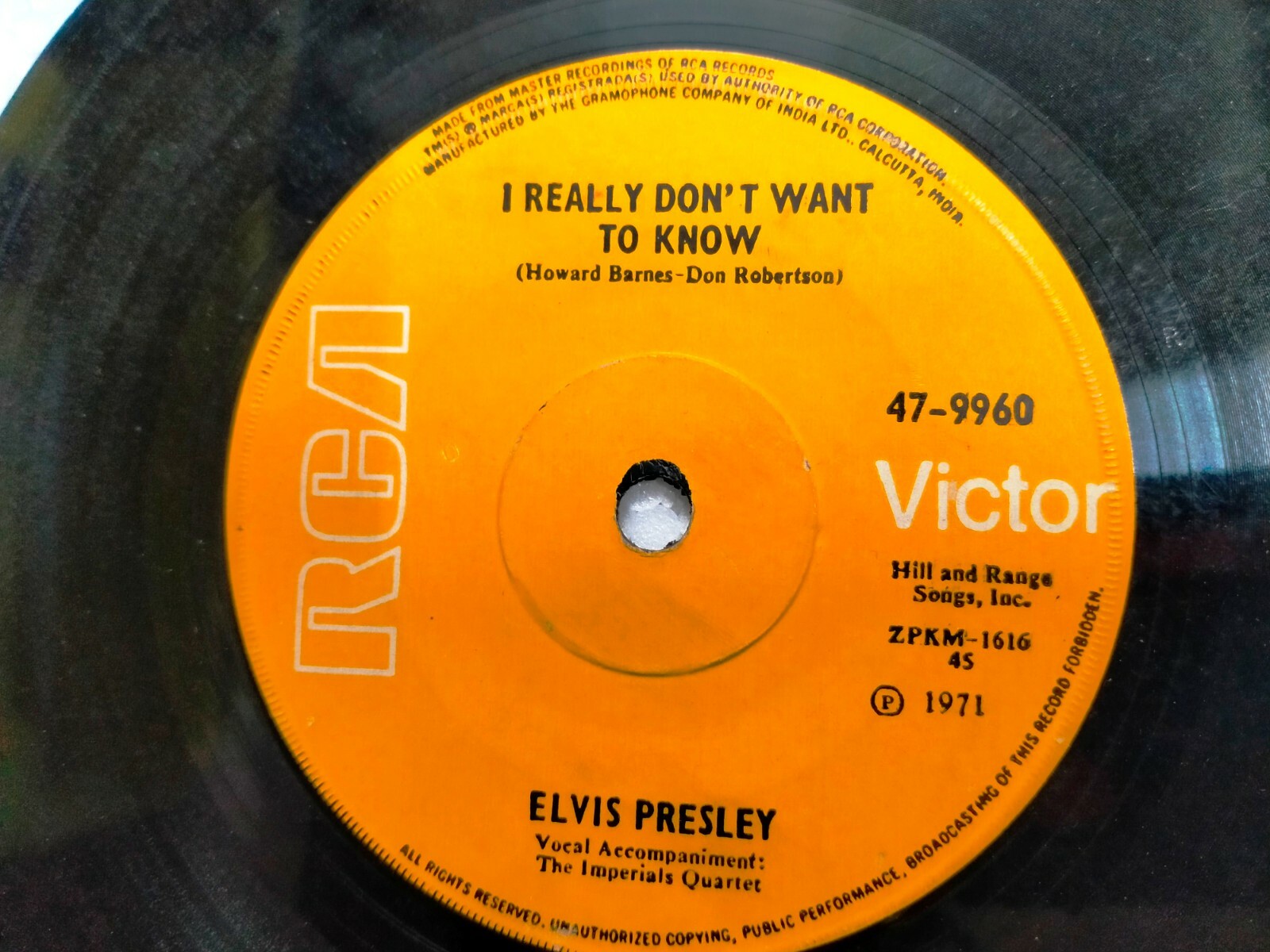Elvis Presley I Really Don'T Want To Know Rare Single 7" 45 Rpm India Indian VG+