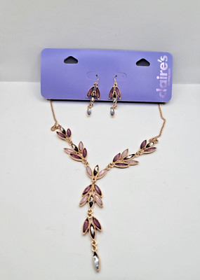 CLAIRE'S  Purple Smokey Glam Rhinestone Petals Y Drop Necklace Earring Set NEW