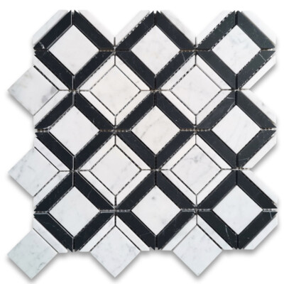 C25A1XP Carrara White Marble Square Ventura Carlyle Geometry Tile Black Polish