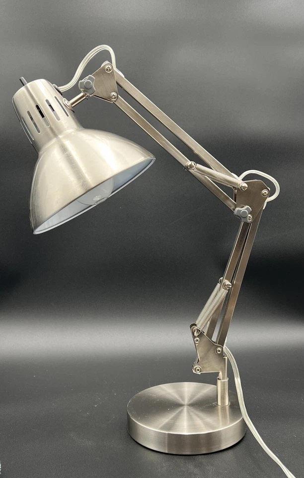 Vintage Brushed Nickel Swing Arm Desk Lamp 26” Adjustable Metal Shade Industrial - Image 2 of 4