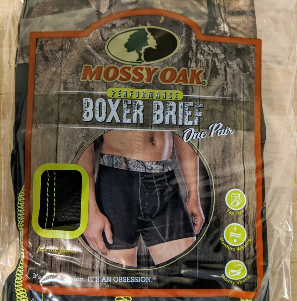 2 NUEVO Calzoncillos Boxer de Rendimiento para Hombre Mossy Oak Negros con Banda Camuflada Talla L/G 36-38 Foto 2 de 4