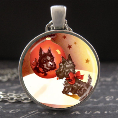 Vintage Scotty Dog Christmas Ornament Reflection Art Necklace Retro Gift Jewelry