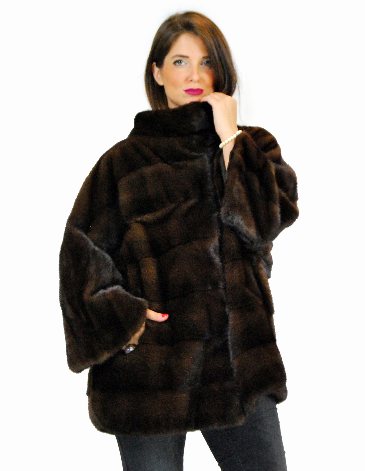 44-inch Mahogany Mink Fur Jacket Horizontal Design Luxury Pelz Visone Fourrure