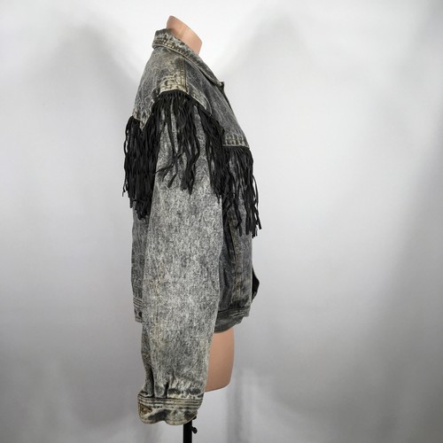 Vintage 80s Blue Zone Black Denim Fringe Acid Wash Oversized Jacket Bomber XL - Picture 3 of 6
