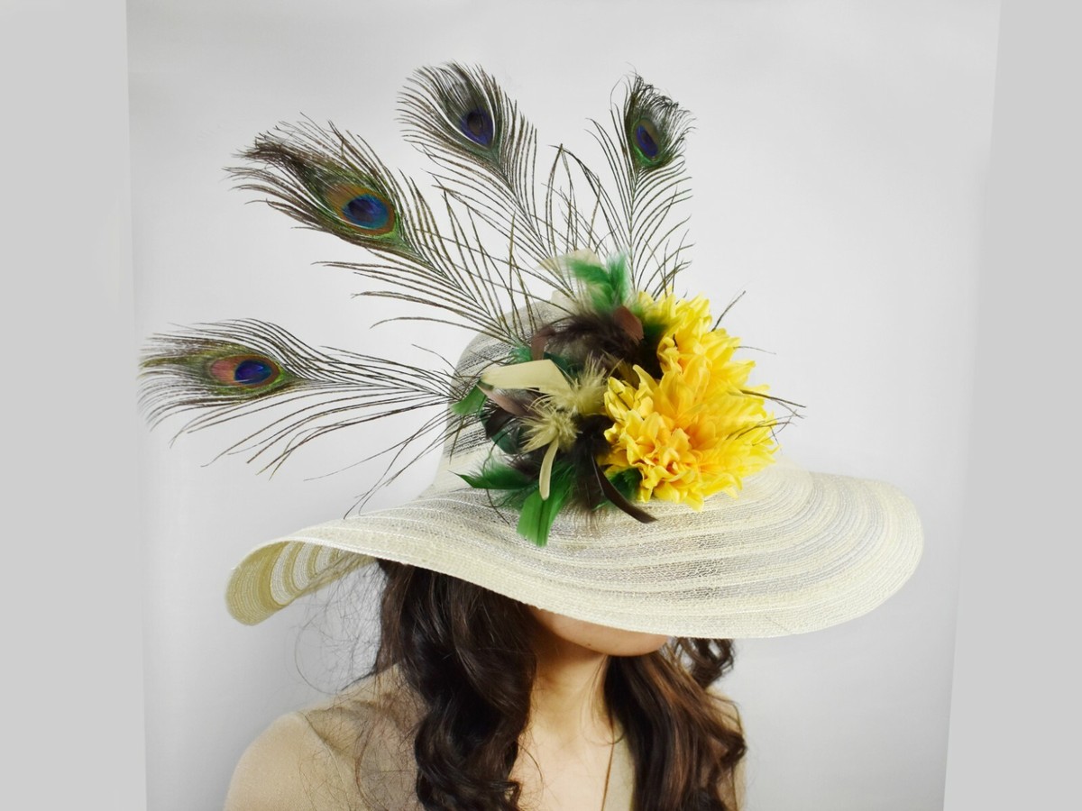 Kentucky Derby Hat Flower Floral Feather Elegant Yellow Facinator Wide Brim Hat Dark Blue Navy Yellow Peacock Feather Flower Wide Brim  main image 4