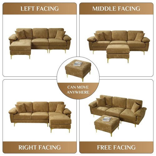 Modern Upholstered Comfy Velvet L-Shaped Sectional Sofa 3-Seat Couch w/ Ottoman - Picture 75 of 114