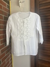 women's white lace and fabric shirt with button front, 3/4 sleeve crew neck