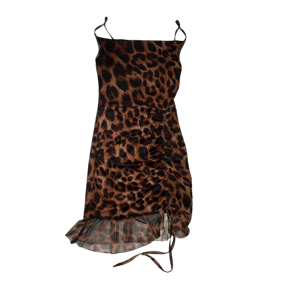 Pretty Little Thing Women's Sz Ruched Bodycon Dress Brown Leopard