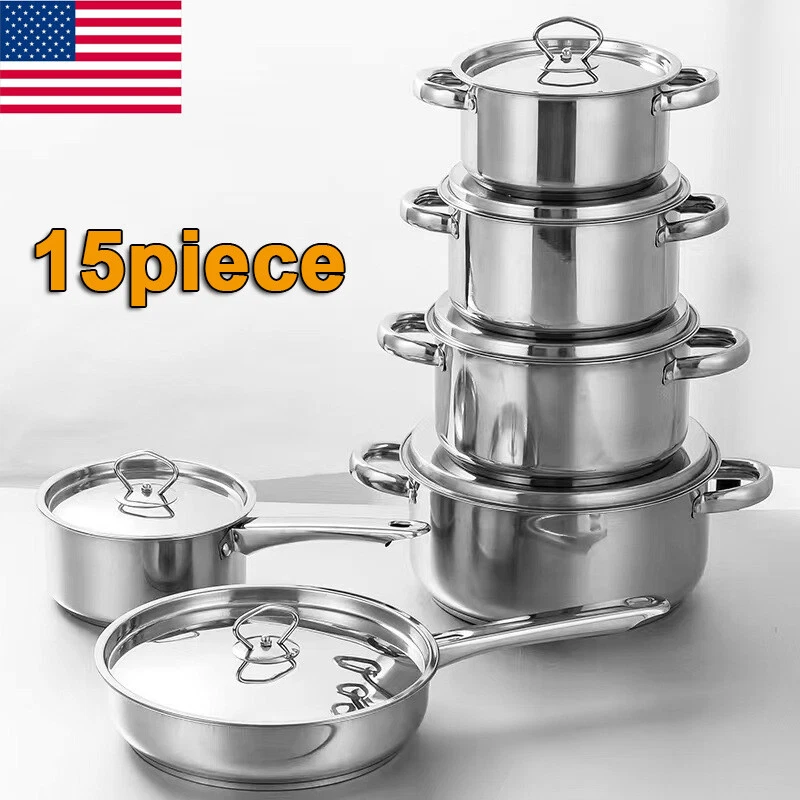 15Piece kitchen Cookware Set Stainless Steel Non Stick Pots and Pans Set w/Lid
Opens in a new window