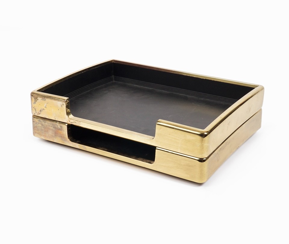 Signed William Sklaroff stackable brass tray set — a designer-attributed MCM piece that belongs in a design museum, not a forgotten office drawer.