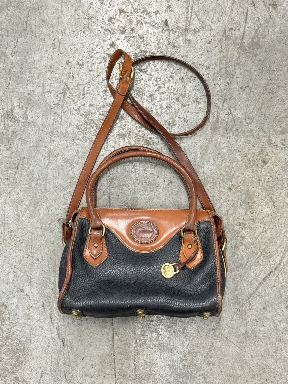 VTG Dooney & Bourke All Weather Satchel Handbag Black & Tan Pebbled Leather USA