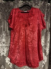 Vintage LA II Red Satin Sleep Shirt Lace V-Neck Damask Made In USA