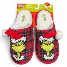 Dr Seuss The Grinch Women’s Slippers Size M 7-8 Plaid Red Blue Green Sherpa