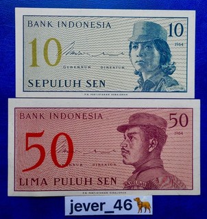 34A INDONESIE 2 Billets de Banque 10 50 Sen 1964 Neuf UNC jamais circulé