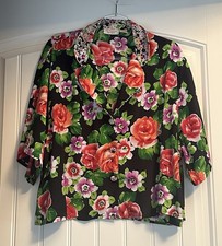 Vintage Gold Label Victoria  s Secret Satin Black Floral Roses Pajama Top Large