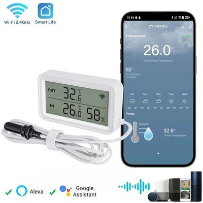 Tuya WiFi Temperature Humidity Sensor LCD Thermometer External Probe Smart Life