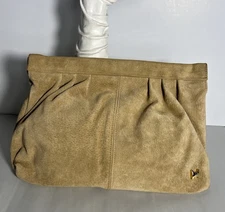 Vintage Tan Suede Clutch Purse Top Closure Sand Bag Boho