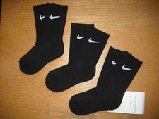 Boys/Girls NWT NIKE Crew Socks 3prs Classic Black w/White Swoosh SOFT Ages 4-6