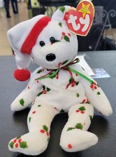 1998 Holiday Teddy  Ty Beanie Baby  Holly Design Bear w/Bell Hat  Christmas