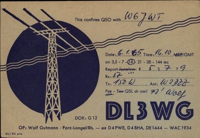 QSL DL3WG 1965 Porz North Rhine Germany Wolf Gutmann Antenna Waves Circle