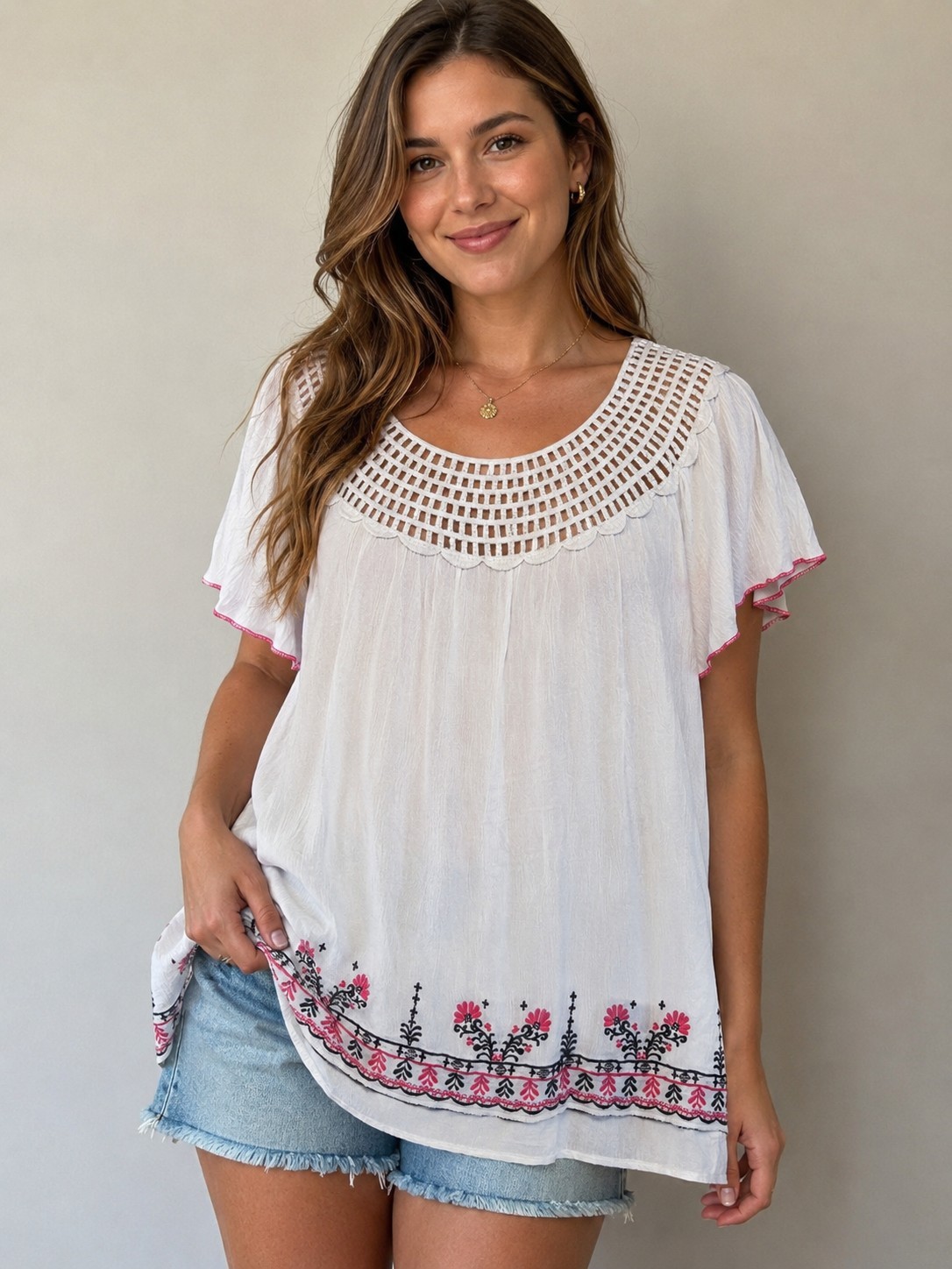 Signature Studio XL White Boho Peasant Top Embroidered Floral Crochet Neck Rayon