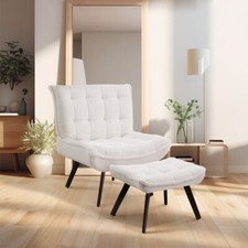 High Back Accent Chair Boucle Fabric Tufted Back Chair Armchair with Footstool