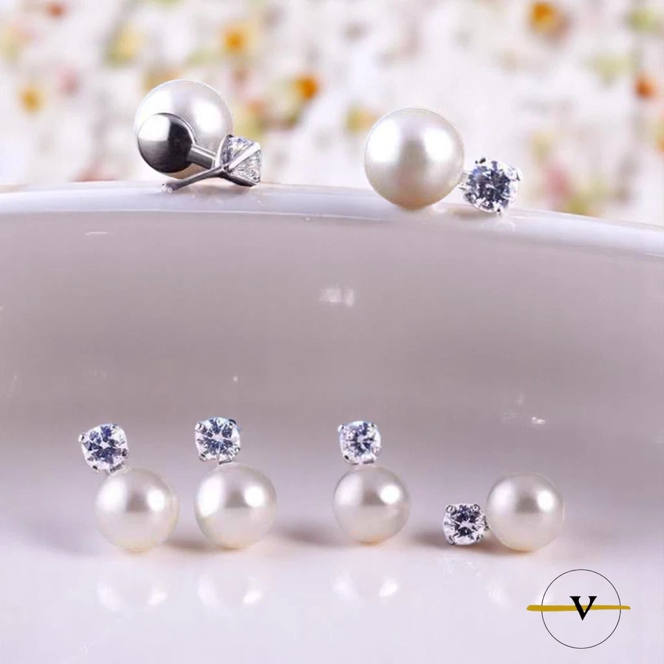 ORECCHINI DONNA A BOTTONE IN ARGENTO 925 CON PERLE E ZIRCONI RAGAZZA REGALO - Immagine 4 di 4