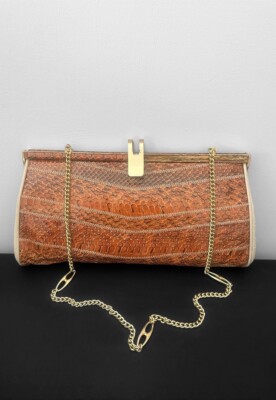 Vintage 70er Jahre Damen Creme Leder Braun Schlangenleder Gold Kette Metall Schultertasche