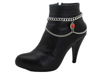 Women Silver Metal Chain Boot Bracelet High Heel Shoe Anklet Coin Red Fun Charm