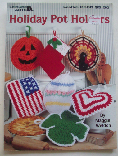 Holiday potholders hot pads crochet pattern Santa boot pumpkin turkey flag heart