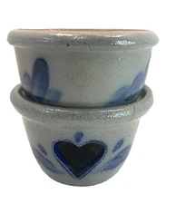 Vtg Rowe Pottery Works Warmer 2 Piece Wax Food 1987 Salt Glaze Heart Cutout