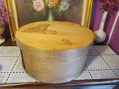 Large Vintage 16'' Round Wooden Cheese Box With Etched Cat And Mouse