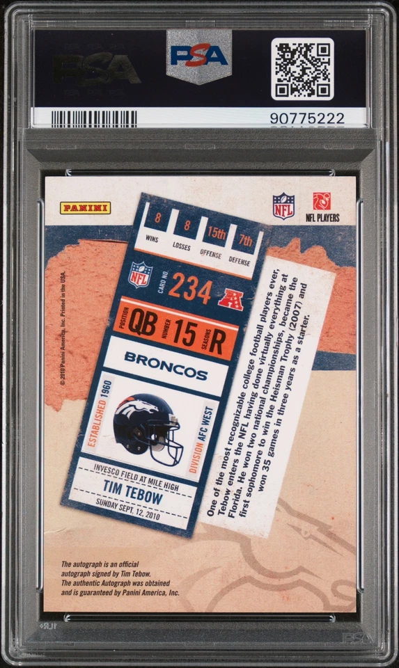 2010 Playoff Contenders #234 Tim Tebow Inscription Rookie RC Auto PSA 10 - Image 2 of 2
