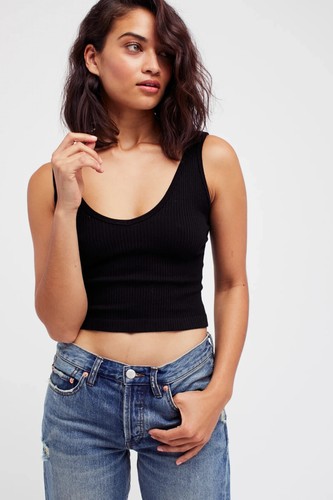 FREE PEOPLE SOLID RIB BRAMI TANK TOP WOMENS SIZE XS - S BLACK OB709176 NEW