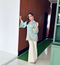 Bollywood Look French Crepe Sky Blue Top Palazzo With Dupatta For Women/Girls