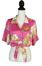 Cynthia Rowley Top Womens S Pink Floral Cropped Short Sleeve Front Tie Blouse